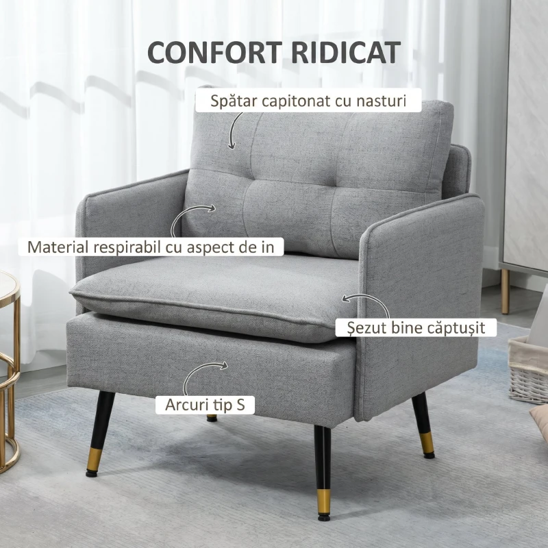 HOMCOM Fotoliu Modern din Material Textil cu Șezut Confortabil și Picioare din Oțel, 76x68x80 cm, Gri