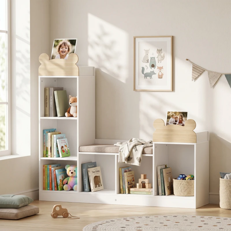 AIYAPLAY Bibliotecă pentru copii, mobilier depozitare 3 în 1 cu bancă, 6 compartimente, 2 rafturi, pernă de șezut, Alb