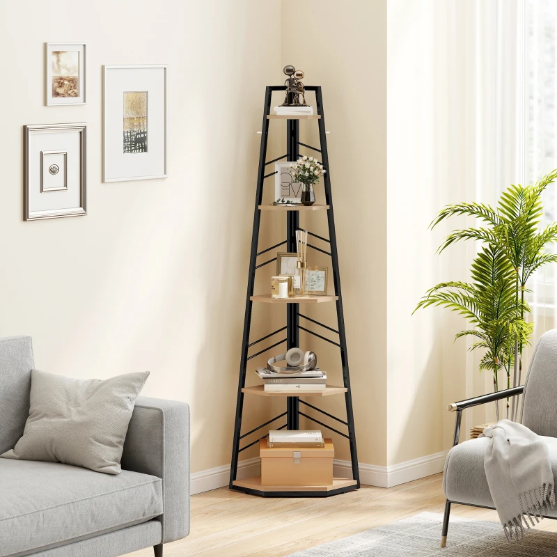 HOMCOM Corner Bookcase, 5-Tier Floor Standing Bookshelf, Shelving Unit for Living Room, Study, Bedroom, Natural Wood Finish