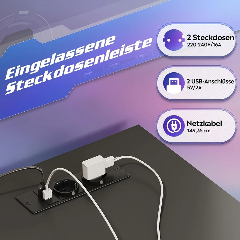 L-förmiger Gaming-Schreibtisch, App-steuerbare RGB-LED, doppelte offene Regale, 111x80x87 cm, Schwarz