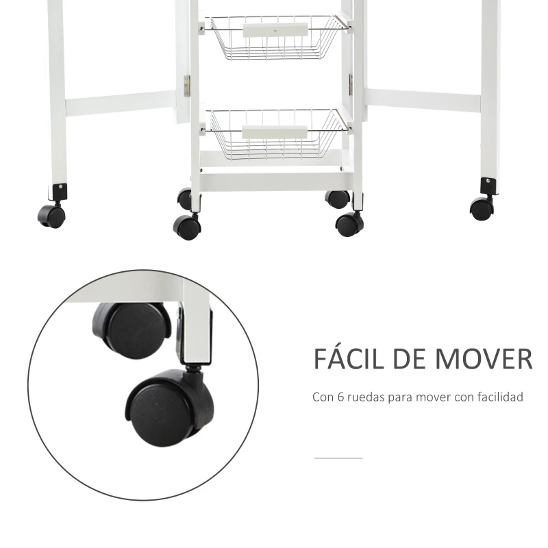 HOMCOM Carrito Auxiliar Plegable Carrito de Cocina con 6 Ruedas 1 Cajón y 3 Cesta de Metal 97,2x37x77,5 cm Blanco y Roble