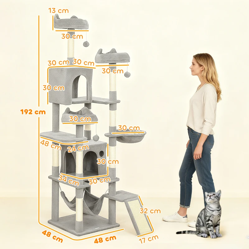 PawHut Árbol Rascador Grande para Gatos 192 cm con 3 Camas 2 Casitas 2 Hamacas Escalera Rascadora Postes de Sisal Gris Claro