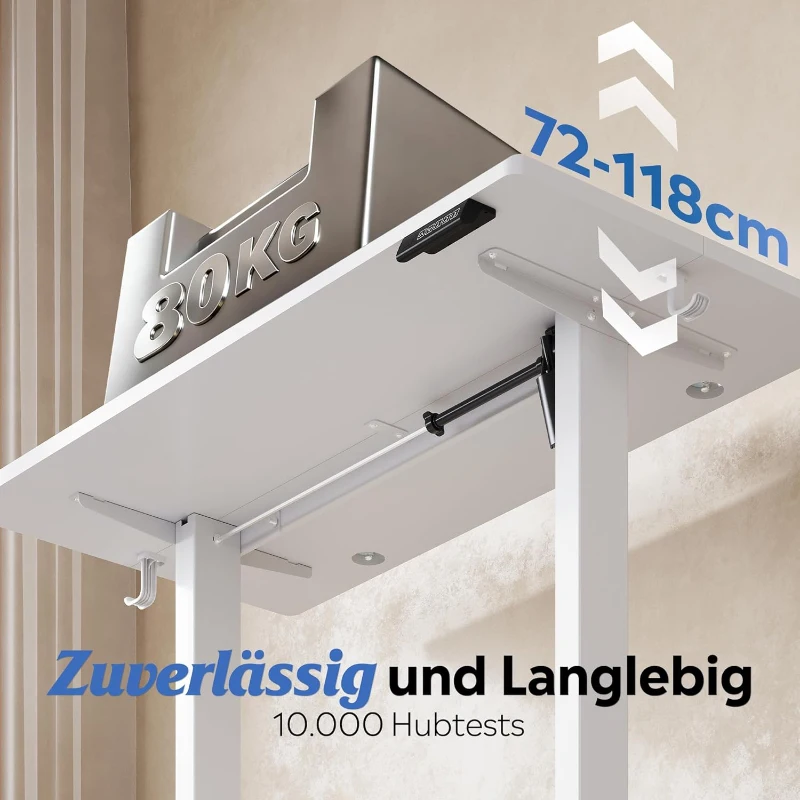 Höhenverstellbarer Schreibtisch, geräuscharmer Motor, stufenlose Verstellung mit Anti-Kollisionssystem, 120 × 60 cm, 120x60x72-118 cm, Weiß