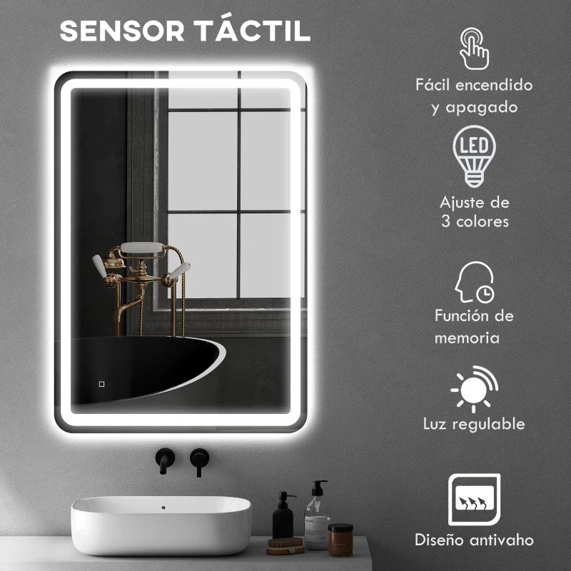 HOMCOM Espejo de Baño con Luces LED 70x100 cm 3 Colores de Luz Brillo Regulable Función Antivaho Función de Memoria IP44