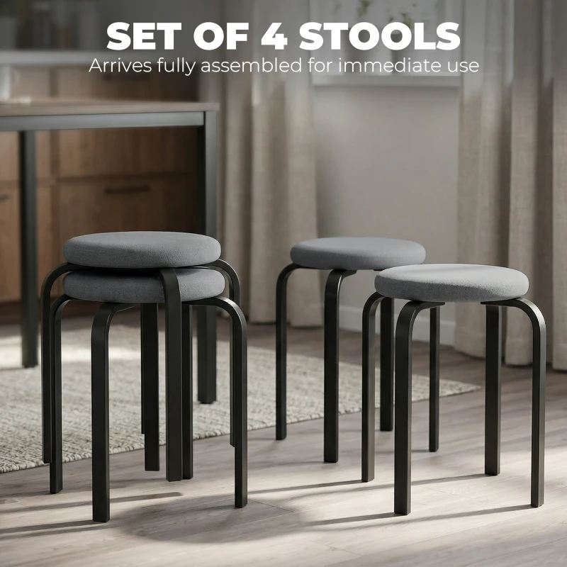 HOMCOM Stackable Stools Modern Cushioned Round Backless Stools Set of 4 Kitchen Dining Room Dark Grey