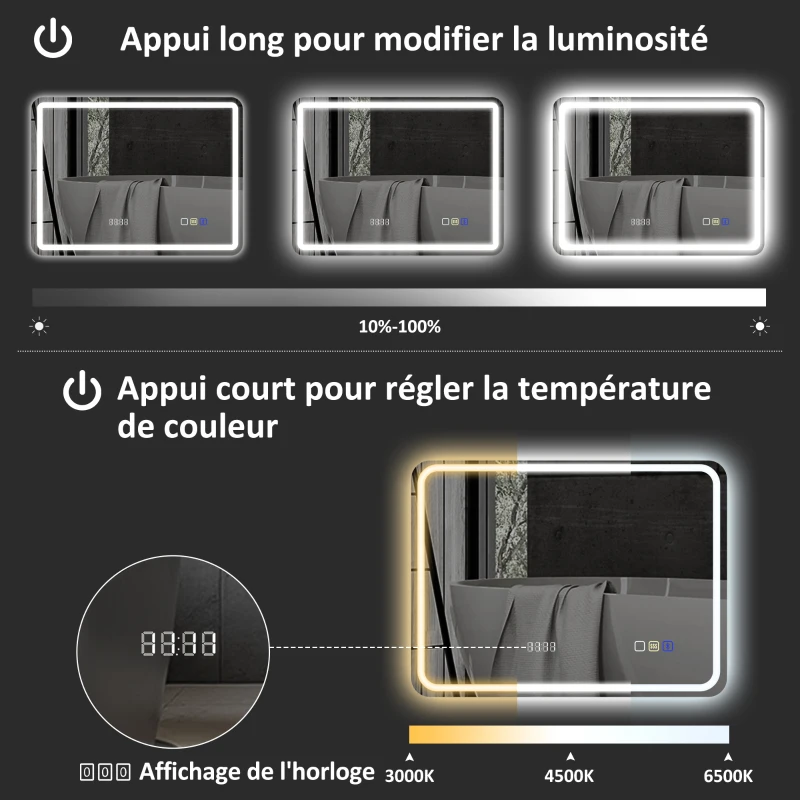 HOMCOM Miroir salle de bain Bluetooth avec éclairage LED 60 x 80 cm, miroir lumineux mural avec horloge, antibuée, argenté