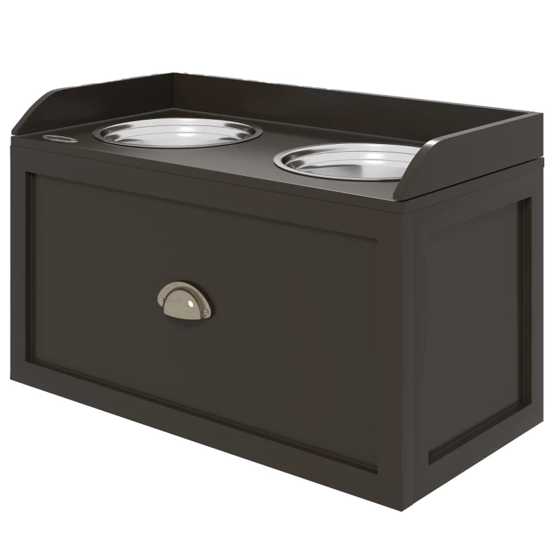 PawHut Gamelles Chiens Surélevées, Porte-Gamelles Surélevé Rangement 2 en 1, Tiroir, 2 Gamelles, 60x30x36cm, Marron Café