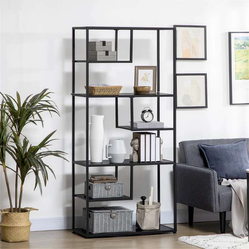 HOMCOM Industrial Accent Display Rack 7 Tier Bookcase, Display Rack for Living Room, Office, Bedroom, Black