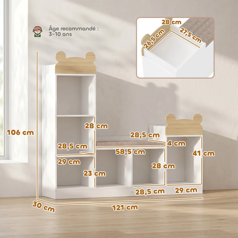 AIYAPLAY Libreria 3 in 1 per bambini con panca, 6 scomparti e cuscino, bianco