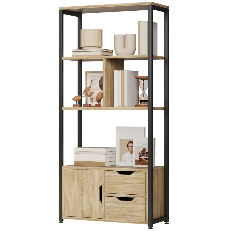 HOMCOM 4-Tier Bookcase, Bookshelf with 1 Cabinet and 2 Drawers for Living Room, Bedroom, Study, Natural Wood
