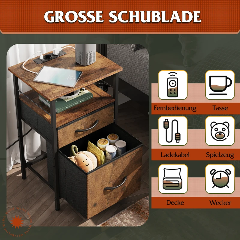 Nachttisch mit Ladefunktion, großer Stauraum, passend für Schlafzimmer, Wohnzimmer und Büro, 39.8x29.8x64.2 cm, Braun