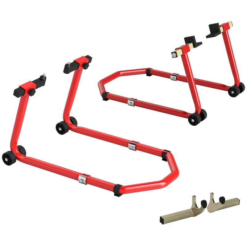 HOMCOM Béquille Moto, Capacité 390 kg, Support Avant et Arrière Réglable avec Fourches U+L, Clips de Serrage, 43x36x64cm, Rouge