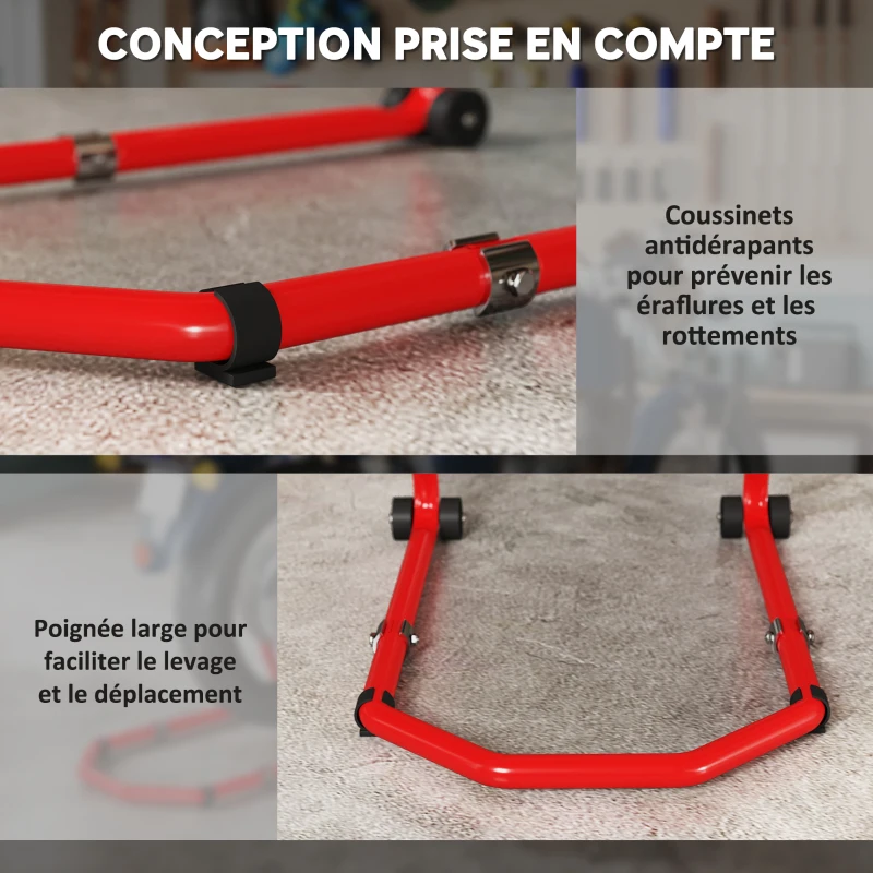 HOMCOM Béquille Moto, Capacité 390 kg, Support Avant et Arrière Réglable avec Fourches U+L, Clips de Serrage, 43x36x64cm, Rouge