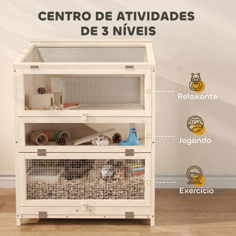 PawHut Gaiola para Hamster de Madeira de 3 Níveis com Bebedouros, Casotas, Baloiços, Bandeja Amovível e Tampas Rebatíveis, Natural