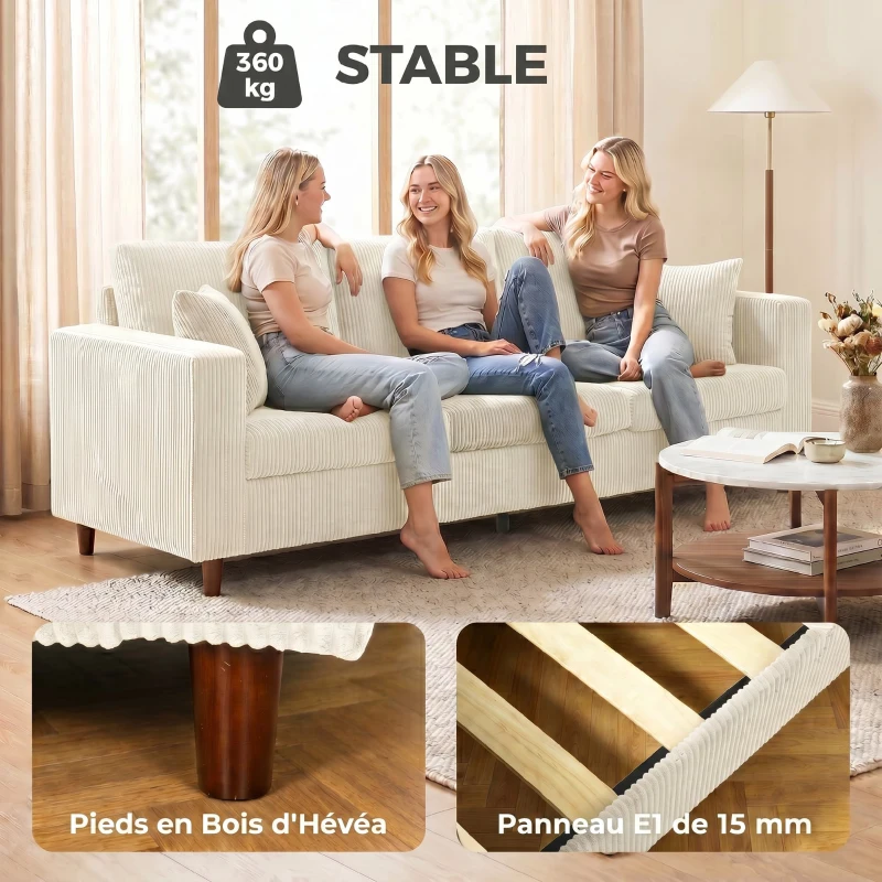 HOMCOM Canapé 3 Places en Velours Côtelé, Canapé de Salon Moderne 225 cm, Assise Large, Coussin à Ressorts, Crème