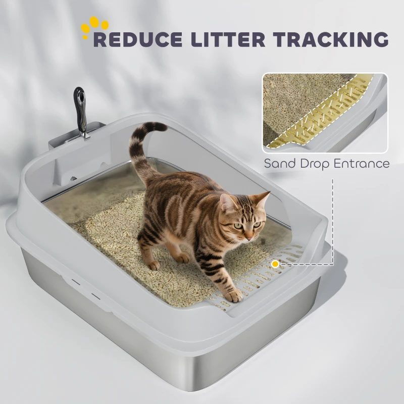 PawHut Lettiera per Gatti XXL in Acciaio Inox con Paletta, Lati Alti, Antiperdita, Antiodore, Fino a 12 kg, Grigio