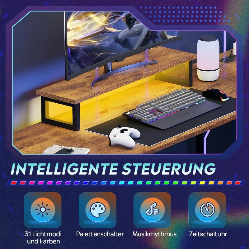 L-förmiger Eckschreibtisch, app‑steuerbare LED und integrierte Stromstation, 167.5x50x87.5 cm, Braun