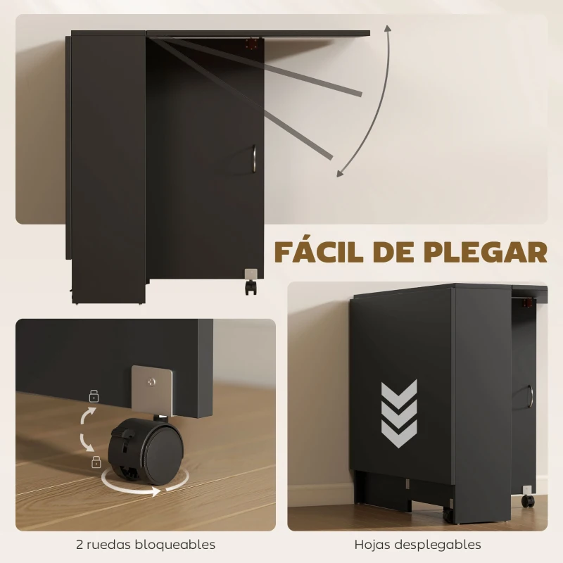 HOMCOM Mesa de Cocina Plegable con 2 Ruedas 2 Estantes de Almacenaje y 2 Alas Abatibles Estilo Moderno 75x140x74 cm Negro