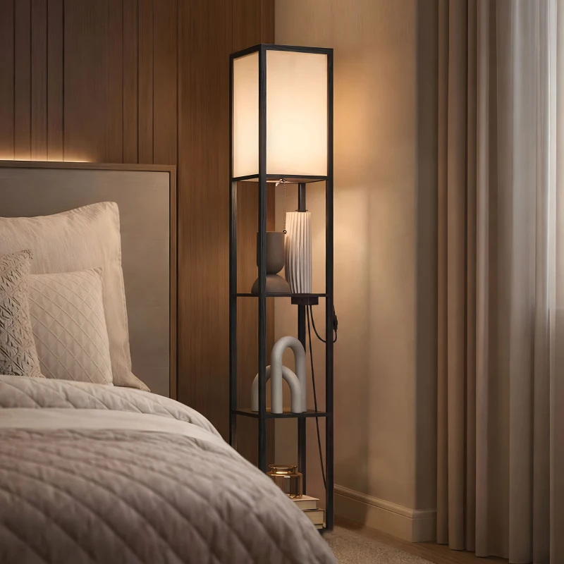 HOMCOM LED vloerlamp met planken, dimbaar, kettingschakelaar & stekkerdoos, zwart