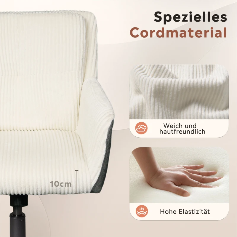 Homeoffice- und Schminkstuhl, höhenverstellbar, 360° drehbar, leise Rollen, 56x44.5x81 cm, Weiß