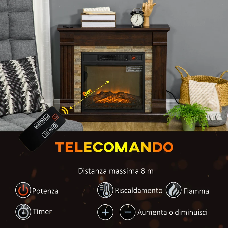 HOMCOM Camino Elettrico da Terra con Timer, Fiamma e Temperatura Regolabile, 80x21.6x67.8 cm, Marrone