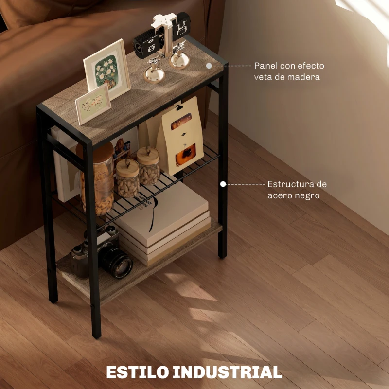 HOMCOM Mesa Auxiliar Estrecha de 3 Niveles con Estantes Abiertos y Estructura de Acero para Salón Dormitorio 43x18x62,5cm Roble