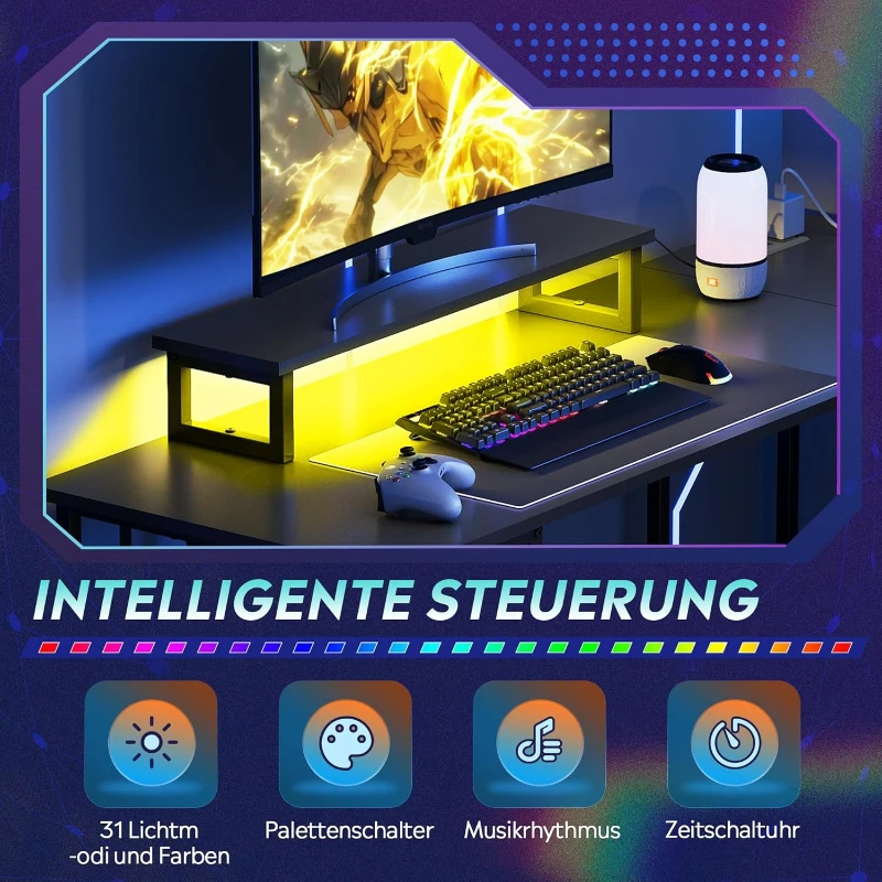 L-förmiger Gaming-Eckschreibtisch, stabiler Metallrahmen mit Holzplatte, 142x118x74.7 cm, Schwarz