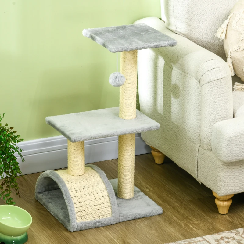 PawHut Árbol Rascador para Gatos Mediano de 3 Niveles con Rascador en Arco Plataformas Postes y Bola 40x35x72 cm Gris Claro