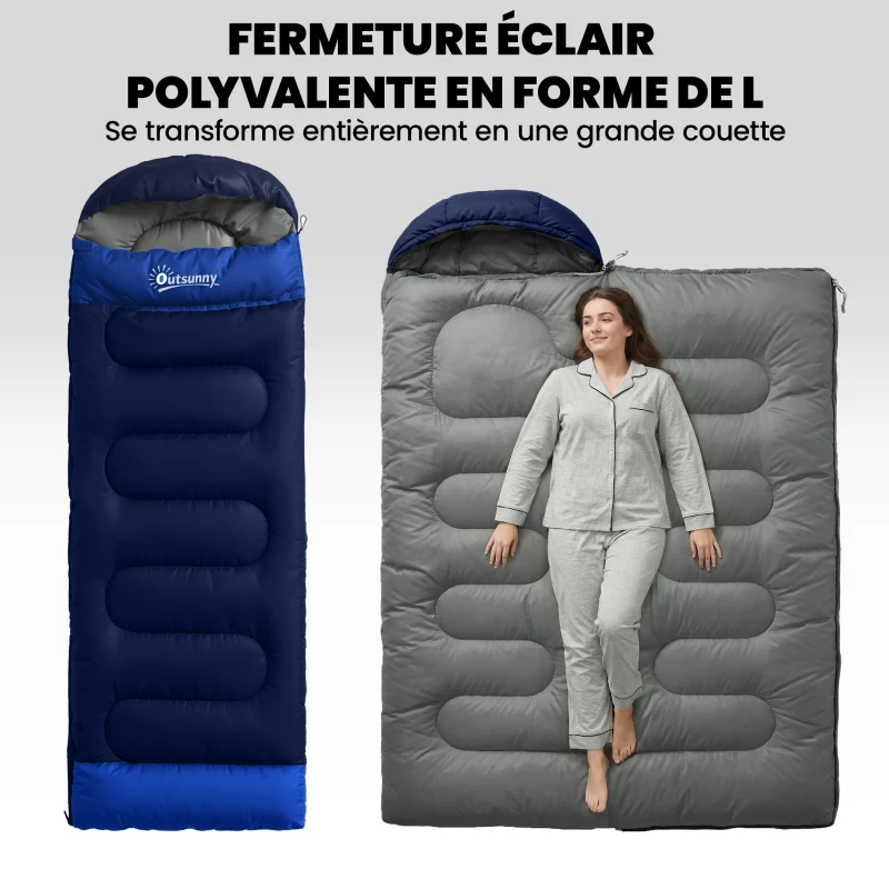 Outsunny Sac de Couchage Adulte, avec Section Tête, Fermeture Éclair et Sac de Rangement, 300 g/m², 215x75x10cm, Bleu Marine