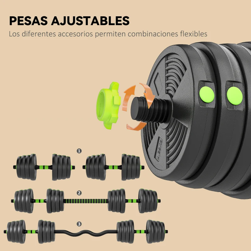 SPORTNOW Juego de Mancuernas Ajustables 30 kg 3 en 1 con Barras de Conexión y Mangos Antideslizantes para Gimnasio en Casa Verde