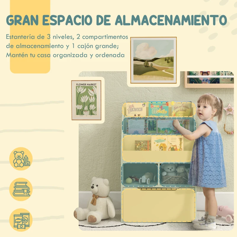 HOMCOM Estantería Infantil de Madera con 3 Compartimentos 2 Cubos y Cajón Móvil con 4 Ruedas 60x29,9x90 cm Verde