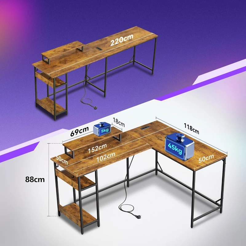 2-in-1 Gaming-Eckschreibtisch, hochwertiger Tischplatte, flexibel als L‑Form oder I‑Form aufbaubar, 152x50x87.5 cm, Braun