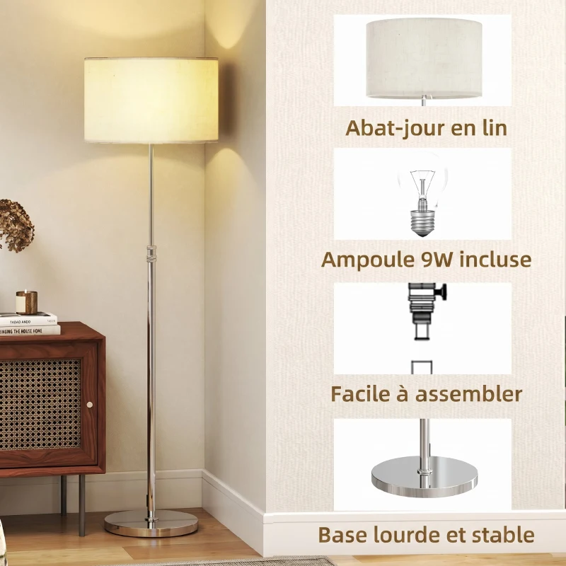HOMCOM Lampadaire sur pied salon, lampe sur pied dimmable avec télécommande, abat-jour en lin, hauteur réglable 133-168cm, argent