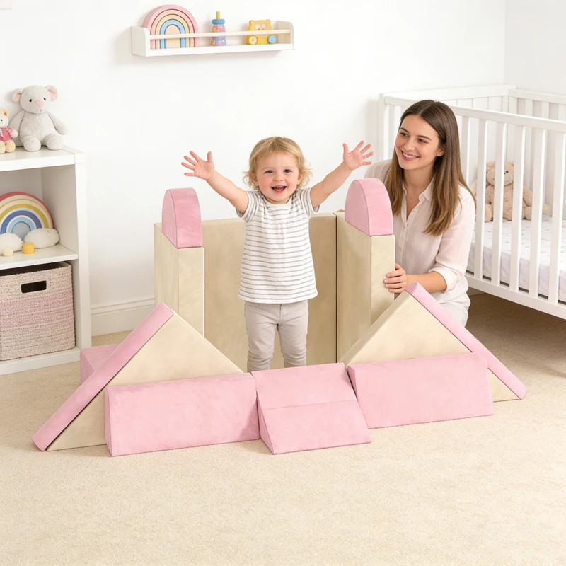 AIYAPLAY Kids Play Sofa, 12 Pieces Foam Modular Soft Play Set for Playroom, Children Convertible Sofa for Boys and Girls, Pink