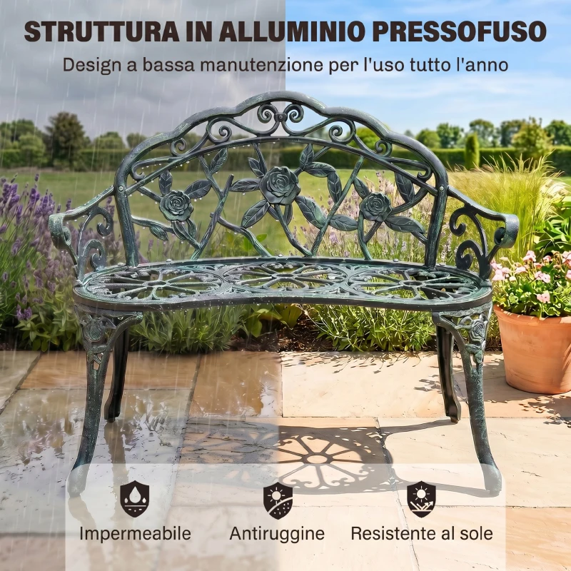 Outsunny Panca da Giardino 2 Posti in Ghisa e Alluminio, Stile Rétro con Decorazioni Floreali, Resiste alle Intemperie