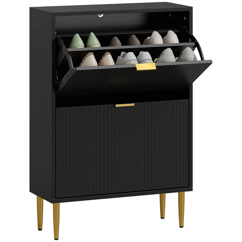 HOMCOM Meuble à chaussures 12 paires avec 2 tiroirs rabattables, portes cannelées et étagères réglables, 60x24x91,5cm, noir