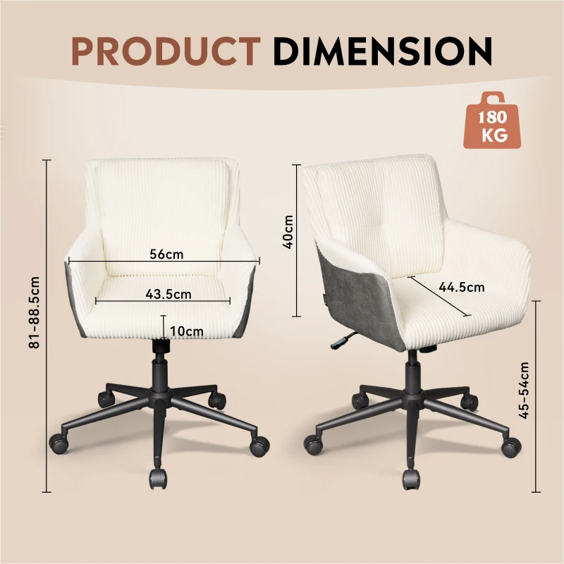 Homeoffice- und Schminkstuhl, höhenverstellbar, 360° drehbar, leise Rollen, 56x44.5x81 cm, Weiß