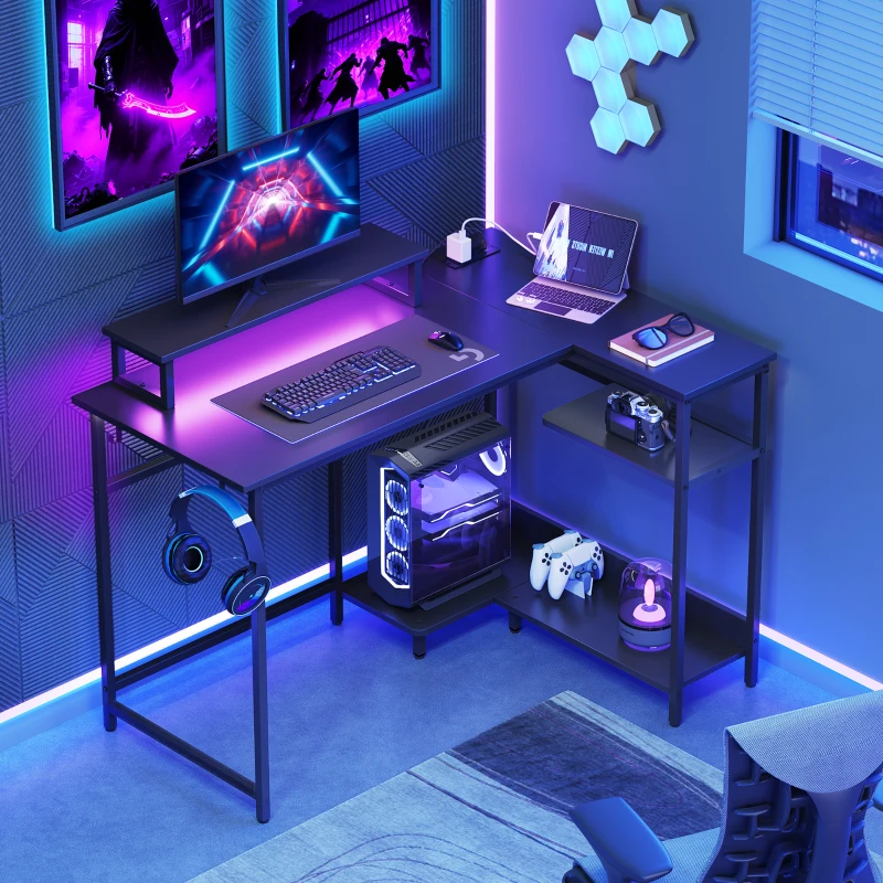 L-förmiger Gaming-Schreibtisch, ergonomischer Monitorhalter, doppelte offene Regale, 122x80x87.5 cm, Schwarz
