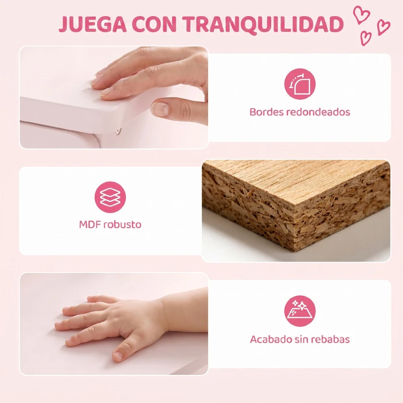 AIYAPLAY Tocador de Maquillaje Niñas con Taburete 3 Espejos Desmontables 2 Cajones 2 Armarios 7 Accesorios para +3 Años Rosa