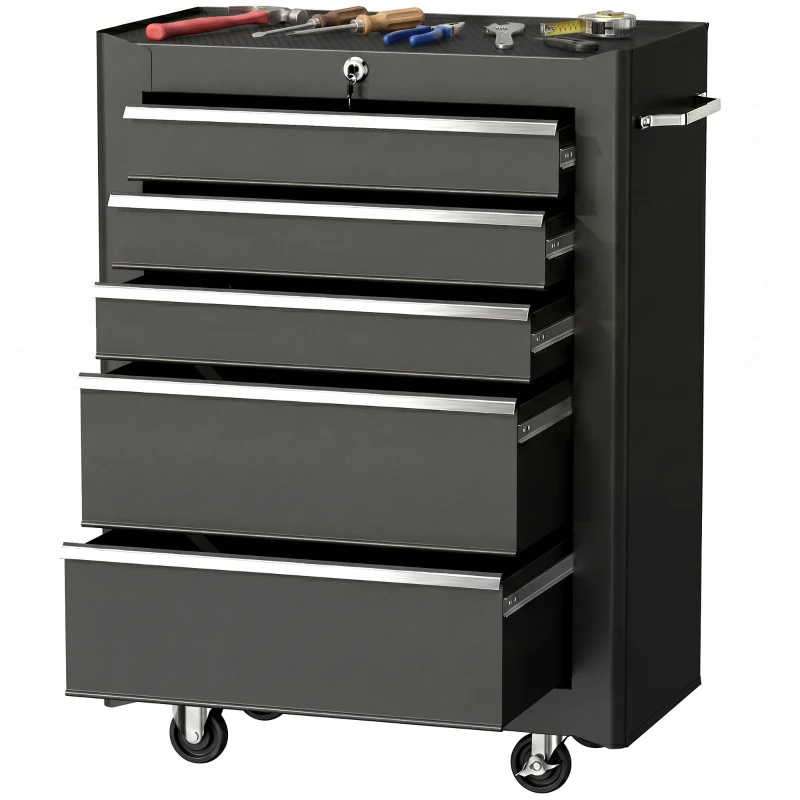 HOMCOM Chariot à outils sur roulettes, Servante d'atelier en acier 5 tiroirs verrouillable 2 clés, 61,5 x 33 x 82,5 cm, noir