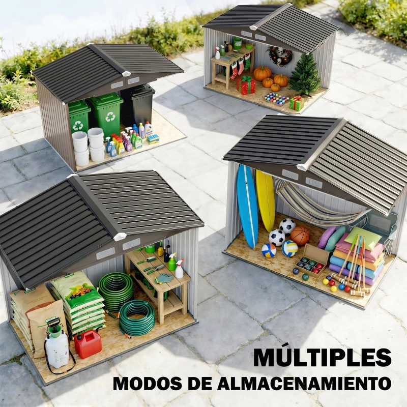 Outsunny Caseta de Jardín Exterior con Base de Refuerzo Sin Suelo 213x130x185 cm con 2 Puertas Correderas y 4 Ventanas Marrón