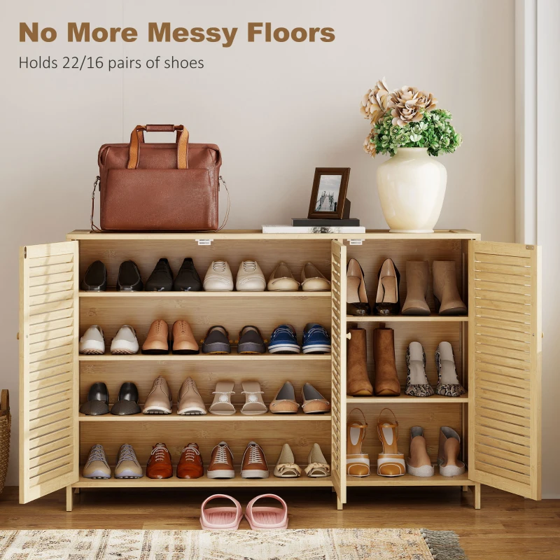 HOMCOM Bamboo Shoe Cabinet with Louvered Doors, 18 Pairs Shoe Storage Cabinet with Adjustable Shelves for Hallway, Natural
