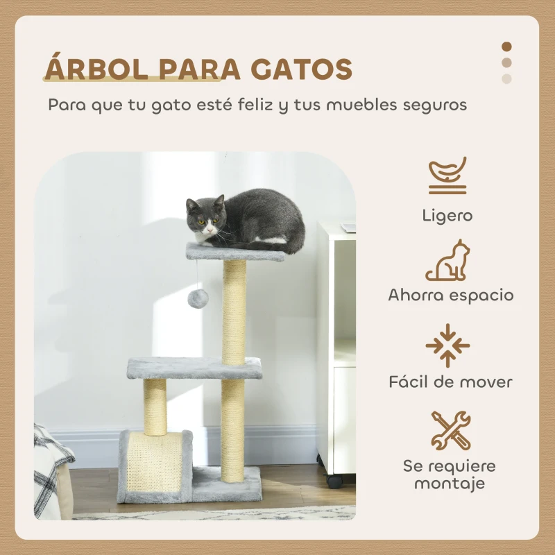 PawHut Árbol Rascador para Gatos Mediano de 3 Niveles con Rascador en Arco Plataformas Postes y Bola 40x35x72 cm Gris Claro