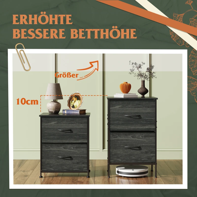 Nachttisch mit 2 Stoffschubladen, großer Stauraum, wasserfeste Holzplatte, 39.8x29.8x63.1 cm, Schwarz