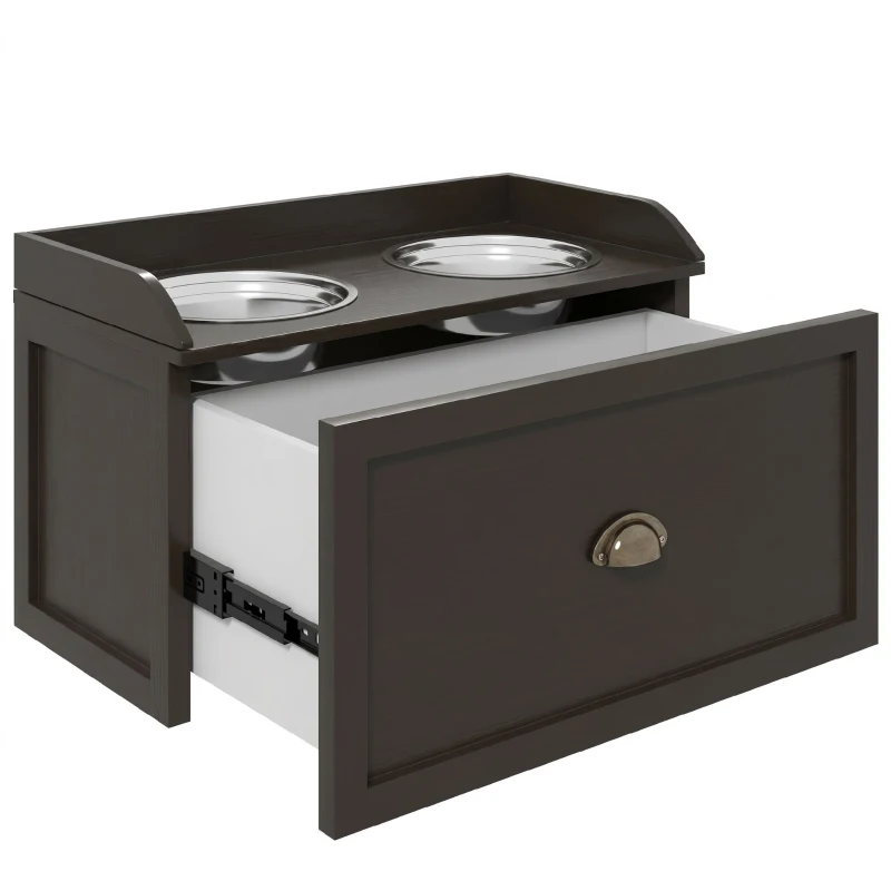 PawHut Gamelles Chiens Surélevées, Porte-Gamelles Surélevé Rangement 2 en 1, Tiroir, 2 Gamelles, 60x30x36cm, Marron Café