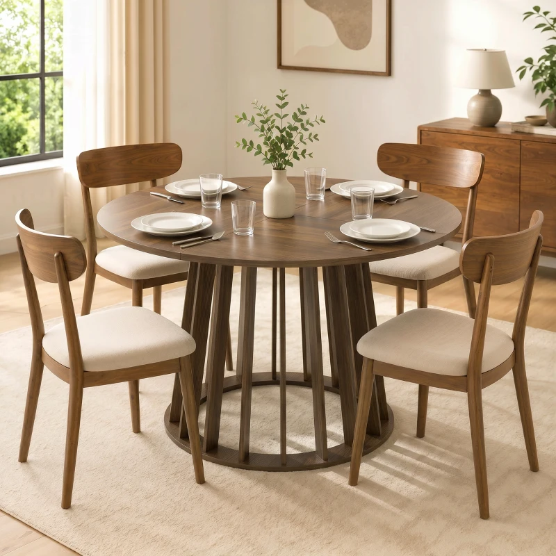 HOMCOM Dining Table for 4-6 People Modern Kitchen Table with Slatted Base 120 cm Round Light Walnut