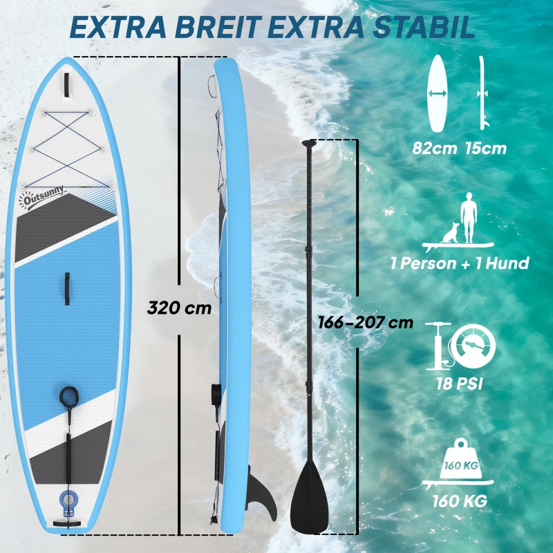 Outsunny Stand Up Paddling Board Set Aufblasbar 320cm SUP Board mit Verstellbares Paddel Rutschfest EVA-Deck Fußschlaufe Pumpe
