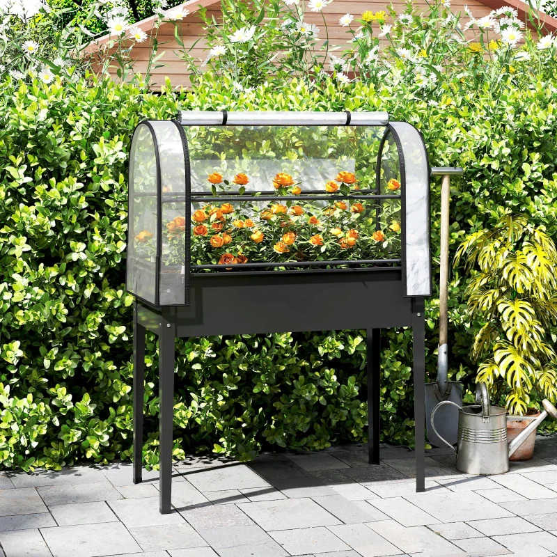 Outsunny Letto per Orto Rialzato con Copertura Mini Serra e Foro di Drenaggio, 100x49x136 cm, Nero