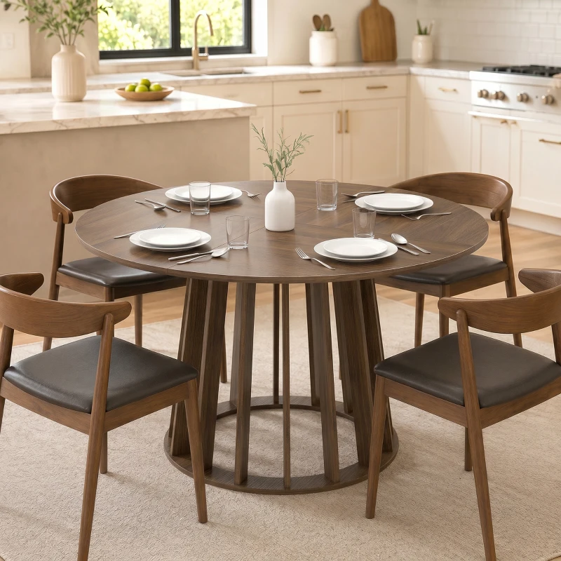 HOMCOM Dining Table for 4-6 People Modern Kitchen Table with Slatted Base 120 cm Round Light Walnut