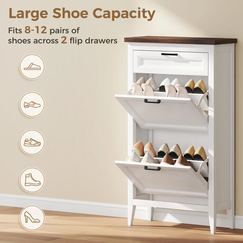 HOMCOM Shoe Cabinet with 2 Flip Drawers, Farmhouse Narrow Shoe Storage Cabinet with Adjustable Shelves, White